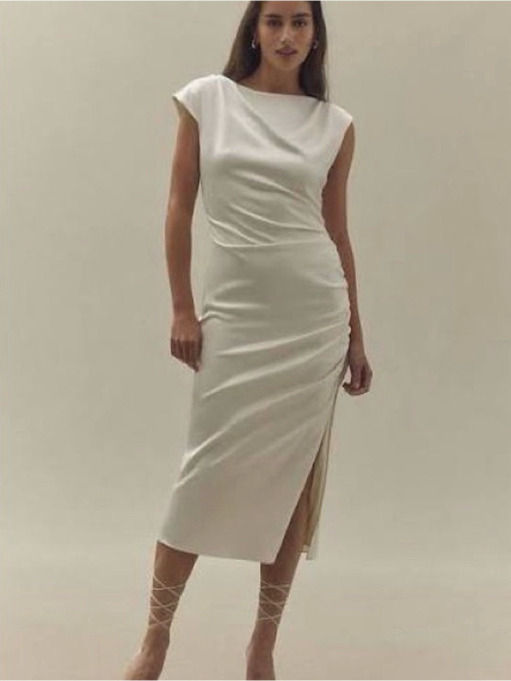 BHLDN Champagne One-Shoulder Satin Ruched Midi Dress